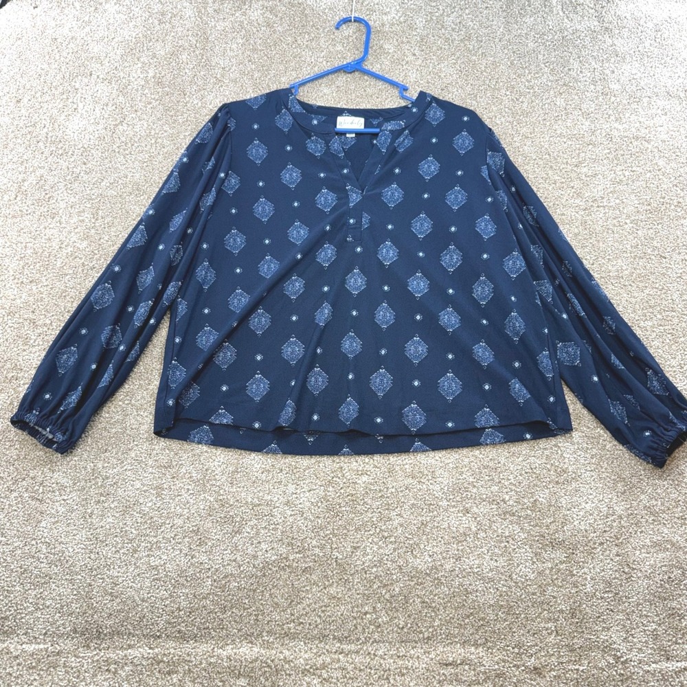Wonderly Navy Blue White Diamond Geometric V-Neck Long Sleeve Blouse PM Petite